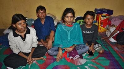 Thane, India - August -01, 2026: After building collapsed in Bhiwandi , Arvind shah with Wife Sunita and Daughter Komal and Son Yuvraj , A family Staying at the Samaj mandir hall ,in Thane ,in Mumbai, India, on, Saturday, August -01, 2026. ( photo by Praful Gangurde / Hindustan Times )