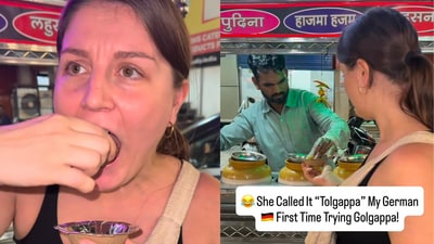 A German woman's first golgappa experience is winning hearts online. (Instagram/@carinaxaman) A German woman's first golgappa experience is winning hearts online. (Instagram/@carinaxaman)