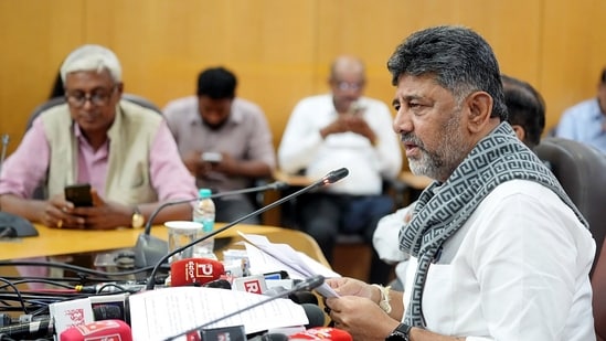 Karnataka Chief Minister DK Shivakumar addresses a press conference on Cauvery water at Vidhana Soudha, in Bengaluru on Friday. (@DKShivakumar)
