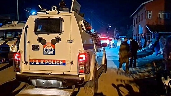 A view of a Police vehicle at a hospital, where the injured was admitted after a terrorist attack on non-local workers in Kellam area of Kulgam district.