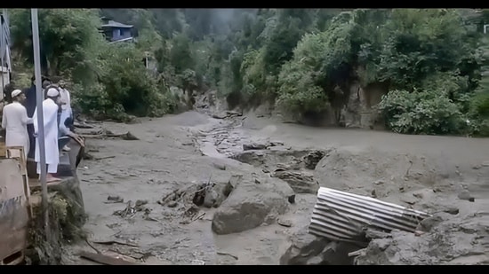 Flash floods triggered by a cloudburst swept the Chatroo area, causing widespread damage, in Kishtwar district, Jammu and Kashmir, early Saturday. (PTI)