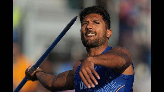 India's Tejaswin Shankar at the Men's Decathlon Javelin Throw at the Commonwealth Games in Glasgow, Scotland, Friday. (AP Photo/Alastair Grant)