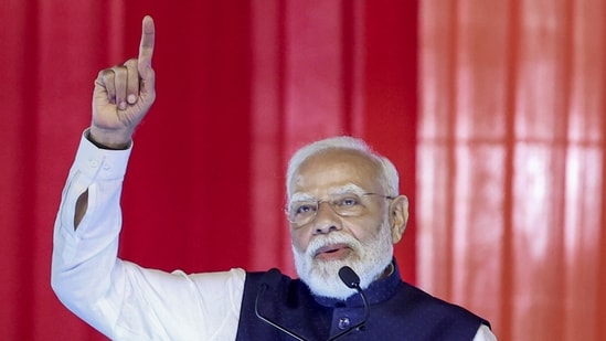 **EDS: THIRD PARTY IMAGE** In this image received on August 1, 2026, Prime Minister Narendra Modi addresses the gathring during the foundation stone laying ceremony of various projects, at Bhogapuram, Andhra Pradesh. (PMO via PTI Photo)(PTI08_01_2026_000230B)