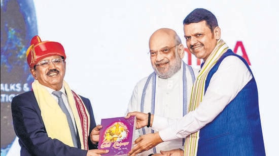 Union Home Minister Amit Shah and Maharashtra Chief Minister Devendra Fadnavis present the Lokmanya Tilak National Award 2026 to National Security Advisor Ajit Doval in Pune. (@CMOMaharashtra)