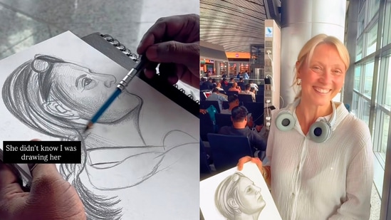 Artist gifts a hand drawn portrait to a foreign woman at the airport.