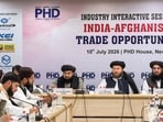 Afghan Taliban's agriculture minister Mawlawi Attaullah Omari and others at an industry interaction session in New Delhi in July.(Amit/ANI File Photo)