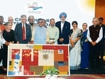 From left : Senior advocate ML Sarin, additional chief secretary to Punjab government Balamurugan, theatre director Neelam Mansingh Chaudhary, former PU V-C Arun Kumar Grover, former Chief of Army Staff VP Malik, governor Gulab Chand Kataria (centre), former IPS officer Samant Goel (behind Kataria), MP Rajinder Gupta, former bureaucrat RI Singh, former Union secretary Vini Mahajan, former Haryana chief secretary Keshni Anand Arora and former PGI director Dr KK Talwar during an event in Sector 17 on Saturday. (HT Photo)