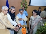 Haryana governor Ashim Kumar Ghosh with his Punjab counterpart Gulab Chand Kataria lighting the ceremonial lamp during a conference on ‘War Against Drugs’ at Rajiv Gandhi National University of Law in Patiala on Saturday. (x)