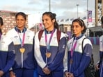 India’s gold medal-winning women boxers pose at the Glasgow Commonwealth Games on Saturday. (PTI)
