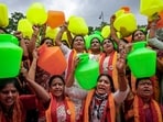 Members of Karnataka Rakshana Vedike (KRV) women's wing holding empty pots raise slogans and stage a protest against the Cauvery Water Regulation Committee (CWRC) in Bengaluru, Saturday, Aug. 1, 2026.