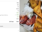 The Swiggy bill showing eight samosas for just  <span class='webrupee'>₹</span>104.