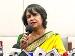 Bangladeshi author Taslima Nasrin addresses a press conference, in Kolkata on Sunday. (ANI Video Grab)(ANI Video Grab)
