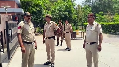 Security personnel deployed outside the National Testing Agency (NTA) office on June 21, in New Delhi on Saturday. 

