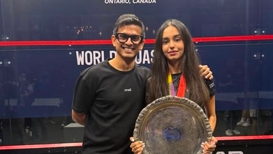 Saurav Ghosal (Left) with Anahat Singh post her historic World Junior Squash Championship win on July 25. Saurav Ghosal (Left) with Anahat Singh post her historic World Junior Squash Championship win on July 25.