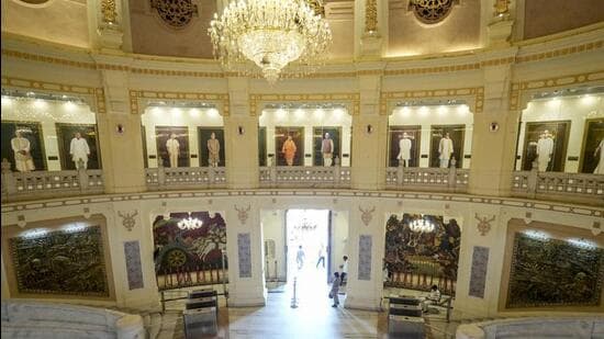 A view of the main entrance of the Uttar Pradesh assembly building. (PTI PHOTO)