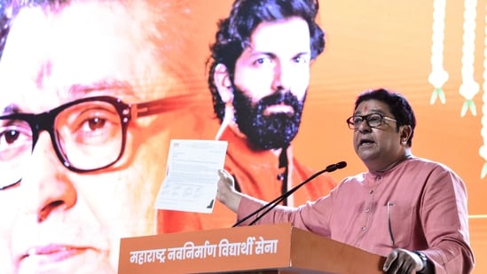 Maharashtra Navnirman Sena (MNS) Chief Raj Thackeray addresses party workers and students during the celebration of the 20th anniversary of the MNS Vidyarthi Sena, in Mumbai on Saturday.