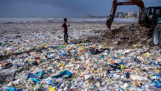 Plastic garbage washed ashore at Juhu Beach in Mumbai following high tides and monsoon rains, as Brihanmumbai Municipal Corporation (BMC) workers carry out a clean-up operation to clear the debris from the shoreline in mumbai, India, on Sunday, August 02, 2026.