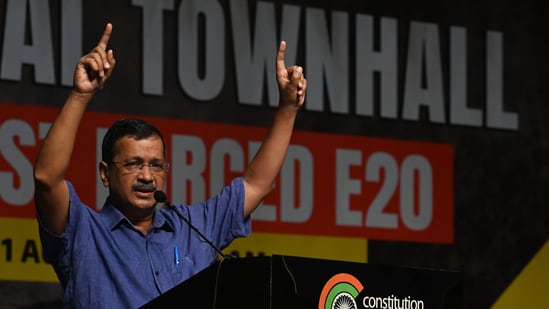 Aam Aadmi Party (AAP) national convener Arvind Kejriwal during the 'National Town Hall Against E20', at the Constitution Club, in New Delhi, India, on Saturday, August 1, 2026. (Photo by Vipin Kumar/ Hindustan Times)