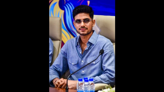 India Test and ODI skipper Shubman Gill during the logo launch of the Sher-e-Punjab T20 League at the PCA Stadium in New Chandigarh on Sunday. (PTI)
