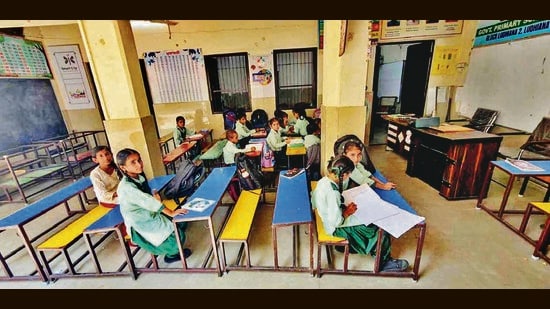 Shifted after their building was declared unsafe in 2017, 66 students of Government Primary School A-1 continue to study from another school campus in Shahpur Road as a land dispute stalls construction of a new building Government Primary School. (Gurpreet Singh/ht)