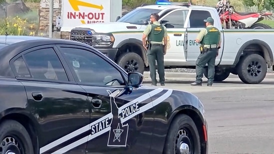 Emergency responders at the site of a fatal shooting incident in Twin Falls, Idaho, August 1.