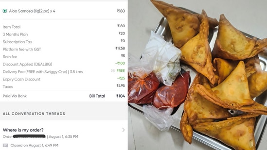 The Swiggy bill showing eight samosas for just <span class='webrupee'>₹</span>104.