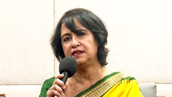 Bangladeshi author Taslima Nasrin addresses a press conference, in Kolkata on Sunday. (ANI Video Grab)