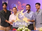(From Left) Indian Cricketer Asrshdeep Singh, PCA president Amarjit Mehta, PCA secretary Gurmeet Singh Meet Hayer and cricketer Shubman Gill during launch of the Sher-E- Punjab T20 League 2026 at Maharaja Yadavindra Singh International Criket Stadium, Mullanpur, New Chandigarh on Sunday. (Keshav Singh/HT)