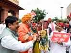 Independent MP Rajesh Ranjan (Pappu Yadav), and other Opposition MPs protest at the Makar Dwar of the Parliament over the issue of alleged Ayodhya Ram Mandir donations embezzlement.