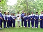 India's weightlifting contingent during a felicitation ceremony for their stellar performance at Glasgow's Commonwealth Games 2026.