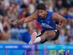 India's Tejaswin Shankar competes in the men's decathlon 110m hurdles at the Commonwealth Games in Glasgow(AP)