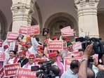Opposition members protest outside the Uttar Pradesh legislative assembly on Day 1 of the monsoon session on Monday. (Gaurav Saigal/HT Photo)