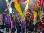 Indian boxer Jaismine Lamboria and other athletes during the closing ceremony of the 23rd Commonwealth Games (CWG), at OVO Hydro