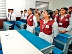 The chief minister also spent time interacting with students during his visit to the Miller Ganj school. (HT Photo)