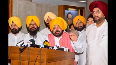 Chief minister Bhagwant Mann addresses the media on the opening day of the Punjab Assembly session, in Chandigarh, Punjab, Monday. (PTI)