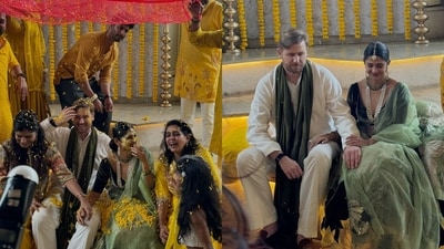 Jennifer Winget and William Ishmael celebrate together during their haldi ceremony. Jennifer Winget and William Ishmael celebrate together during their haldi ceremony.