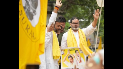 Jan Suraaj Party candidate Prashant Kishor addressing a crowd of party workers during the nomination filing rally for the Bankipur By-Election in Patna on Monday. (Santosh Kumar) Jan Suraaj Party candidate Prashant Kishor addressing a crowd of party workers during the nomination filing rally for the Bankipur By-Election in Patna on Monday. (Santosh Kumar)