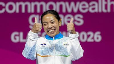 Mirabai Chanu reacts after winning the gold medal at Commonwealth Games in Glasgow. (PTI) Mirabai Chanu reacts after winning the gold medal at Commonwealth Games in Glasgow. (PTI)