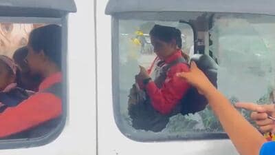 The van which was pelted with stones in Lucknow on Monday morning. (SOURCED) The van which was pelted with stones in Lucknow on Monday morning. (SOURCED)