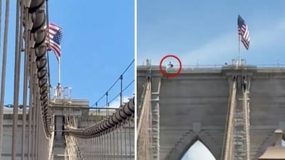 Naked man jumps from Brooklyn Bridge after affixing multiple flags, miraculously survives (@m_alejandr07/X) Naked man jumps from Brooklyn Bridge after affixing multiple flags, miraculously survives (@m_alejandr07/X)