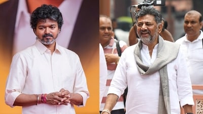 DK Shivakumar said he only requested Vijay to meet in a better and more cordial atmosphere as he doesn't want anyone shouting against his friends. (PTI/ANI) DK Shivakumar said he only requested Vijay to meet in a better and more cordial atmosphere as he doesn't want anyone shouting against his friends. (PTI/ANI)
