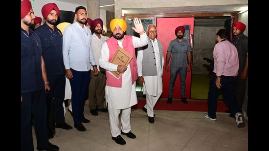 Chief minister Bhagwant Mann on the first day of monsoon session in Chandigarh on Monday. (Ravi Kumar/HT)