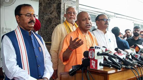 Chief minister Yogi Adityanath addressing reporters before the start of the Monsoon session of the Uttar Pradesh legislature, in Lucknow on Monday. (ANI PHOTO)