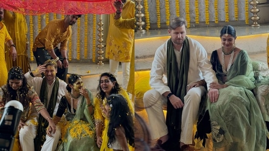 Jennifer Winget and William Ishmael celebrate together during their haldi ceremony.