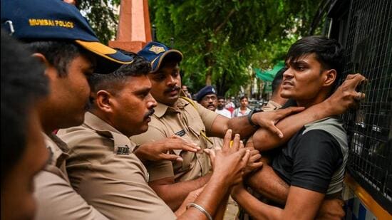 Mumbai, India. July 23, 2026 - Mumbai police detained students and Cockroach Janta Party supporters during protests at Shivaji Park in Dadar. Students and supporters of the Cockroach Janta Party gathered at Shivaji Park in Dadar to show solidarity with the CJP's protest in Delhi. Mumbai, India. July 23, 2026. (Photo by Raju Shinde/HT Photo) (Raju Shinde)