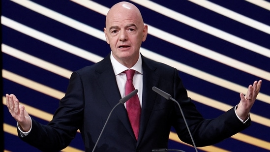 Gianni Infantino speaks during the event.