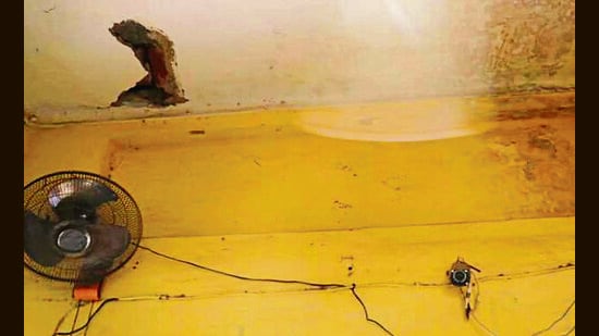 The dilapidated condition of a classroom at a government school in Ludhiana on Monday. (HT Photo)