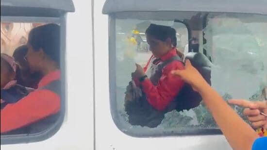 The van which was pelted with stones in Lucknow on Monday morning. (SOURCED)