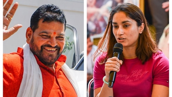 Ex-WFI chief Brij Bhushan Sharan Singh and World Championship medallist Vinesh Phogat.