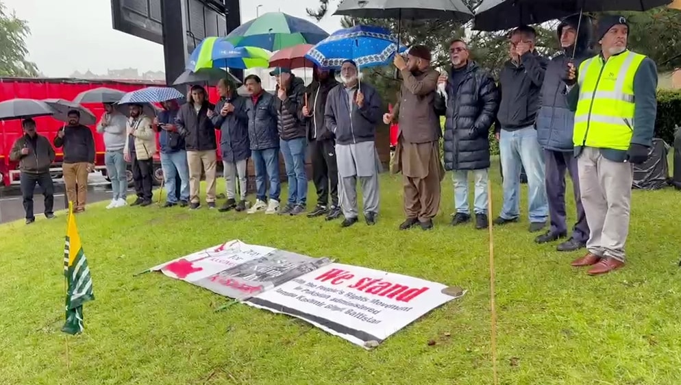 Political activists from PoK protest outside the Pakistani Consulate in Bradford on Thursday. (ANI Video Grab) Political activists from PoK protest outside the Pakistani Consulate in Bradford on Thursday. (ANI Video Grab)